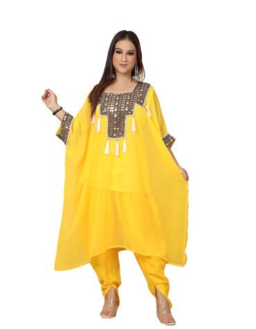 Yellow Georgette Kaftan Set with Mirror Work and Tassel Detailing